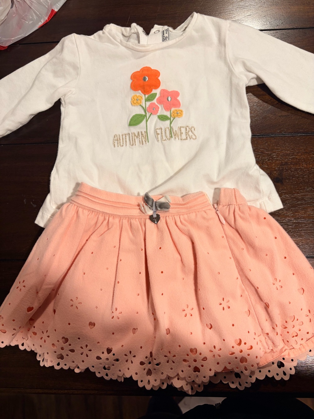Mayoral White Top with Peach Skirt - Floral Applique